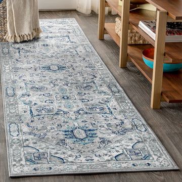 Modern Persian Vintage Medallion Light Grey/Blue 2' x 8' Runner Rug