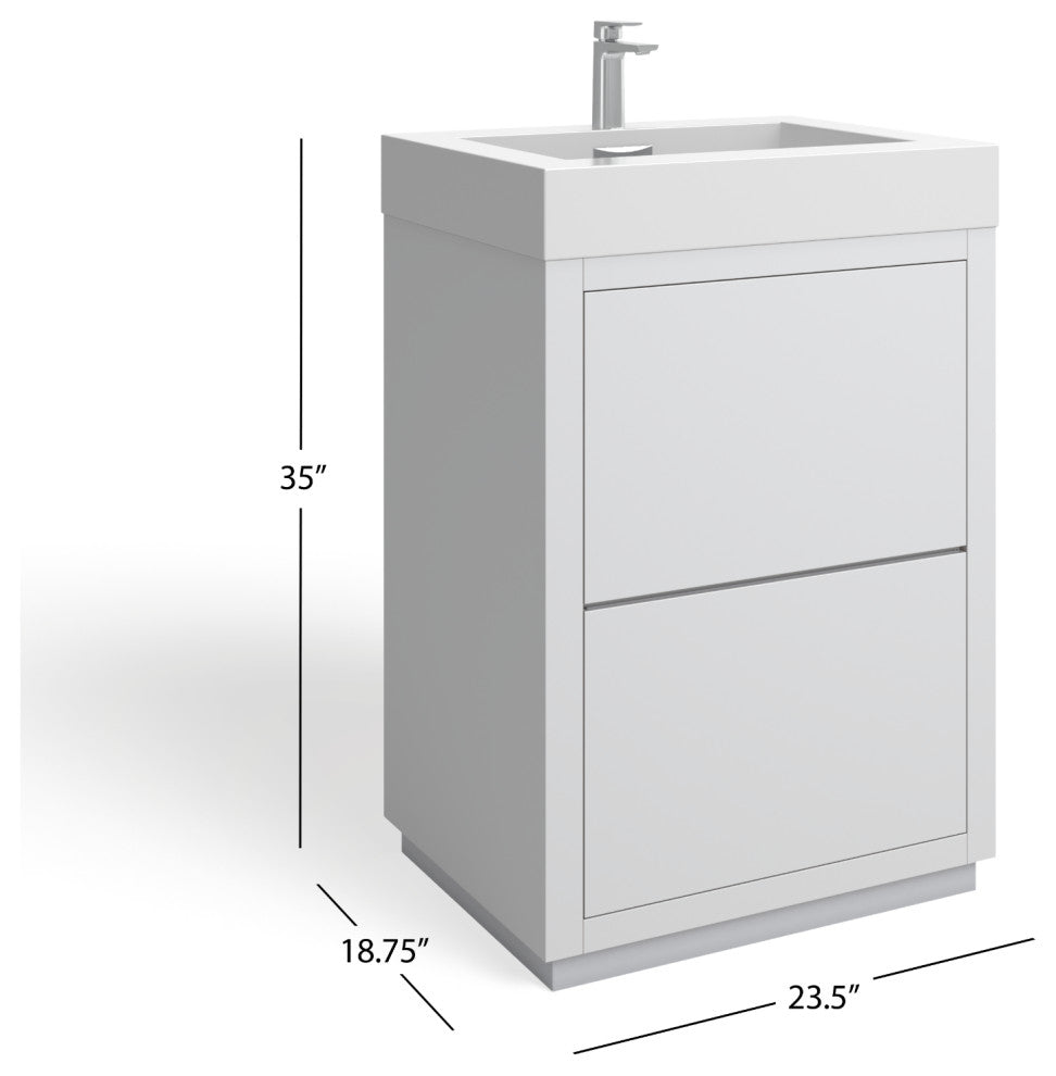 Boutique Bath Vanity, High Gloss White, 24", Single Sink, Freestanding