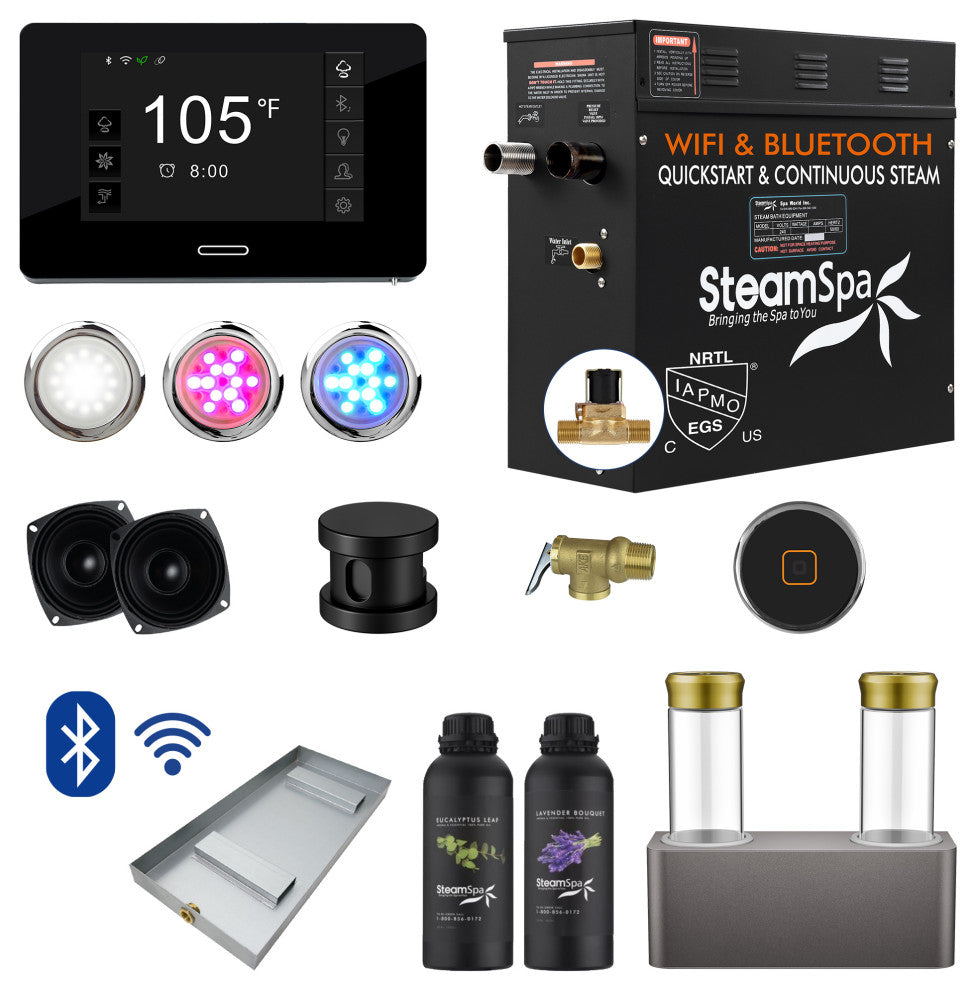 9kW QuickStart Steam Bath Generator With Dual Aroma Pump, Matte Black