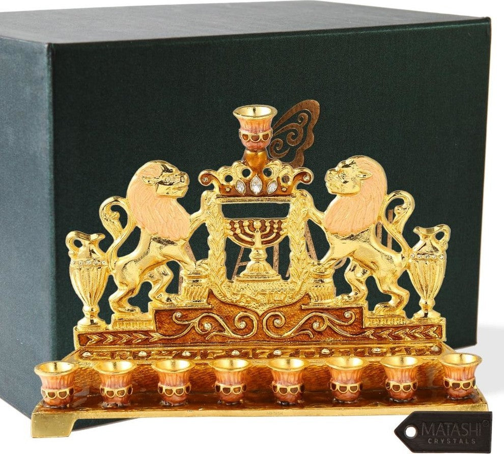 Hand Painted Enamel Menorah Candelabra With Lions and Menorah Design