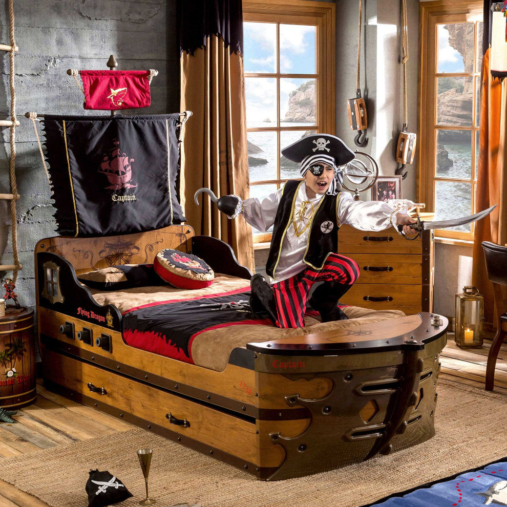 Pirate Twin-Size Captain''s Ship Bed with Sails and Deck and Trundle Storage Bed