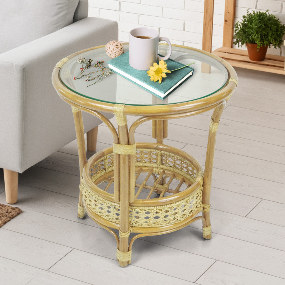 Pelangi Round Rattan Wicker Coffee Table With Glass, Natural