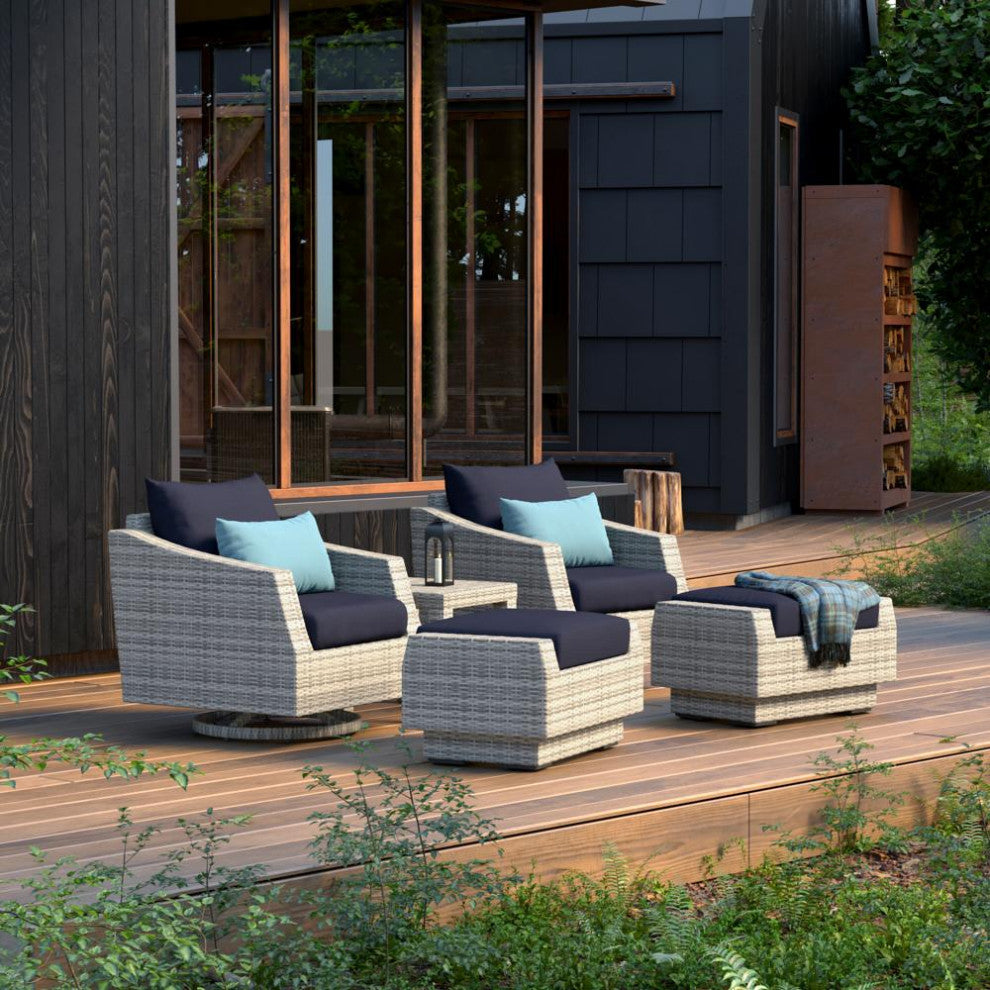 Cannes 5 Piece Aluminum Outdoor Patio Motion Club Chair and Ottoman Set, Blue