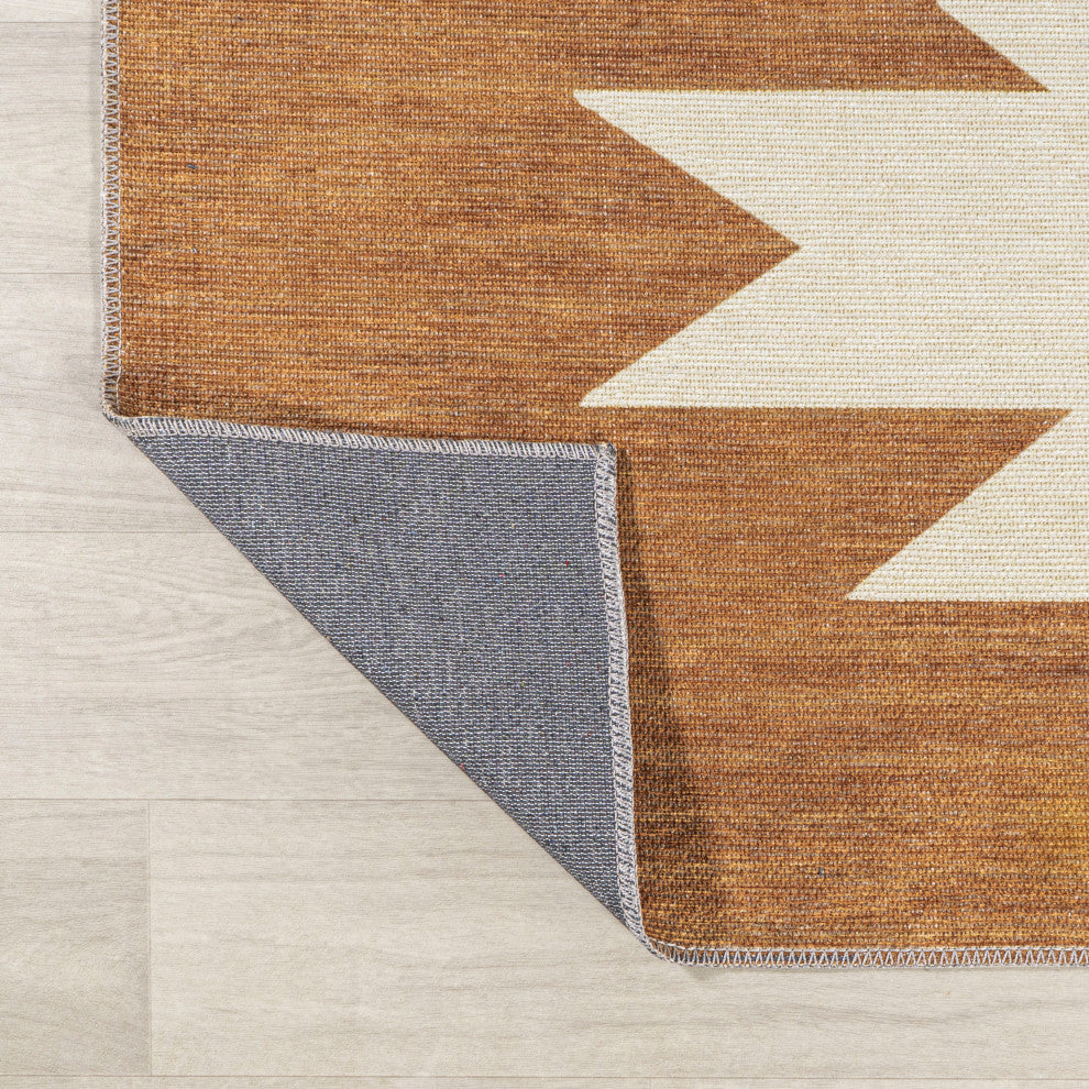 Chayton Minimalist Geometric Machine-Washable Area Rug, Rust/Cream, 5x8