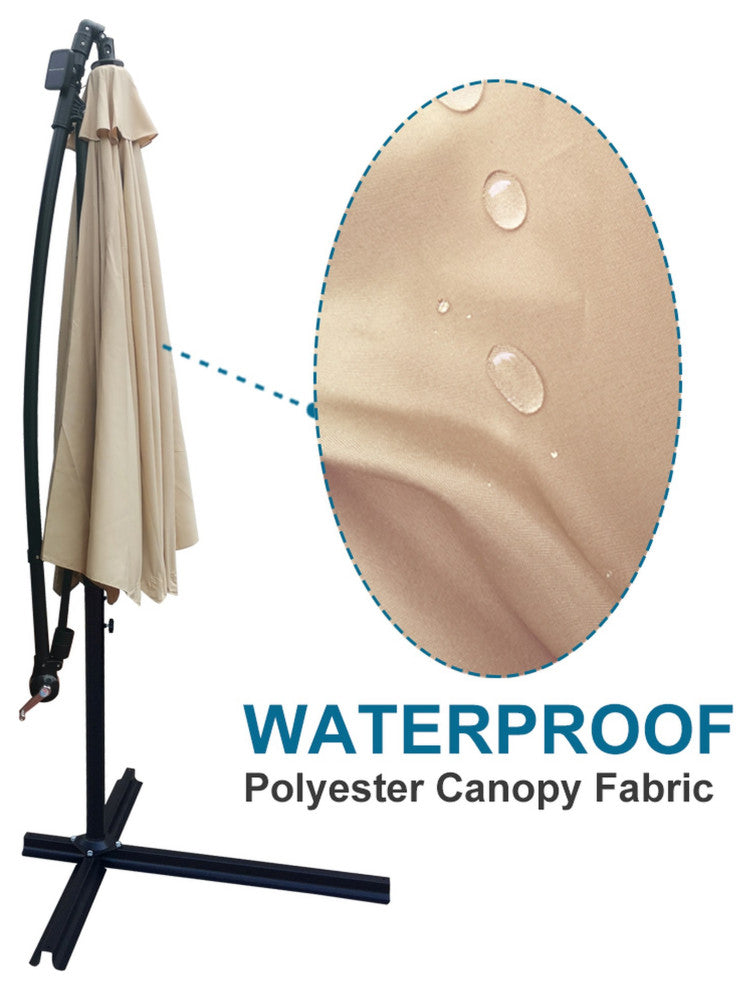 10' Steel Patio Umbrella Outdoor Market With Crank and LED Lights, Tan