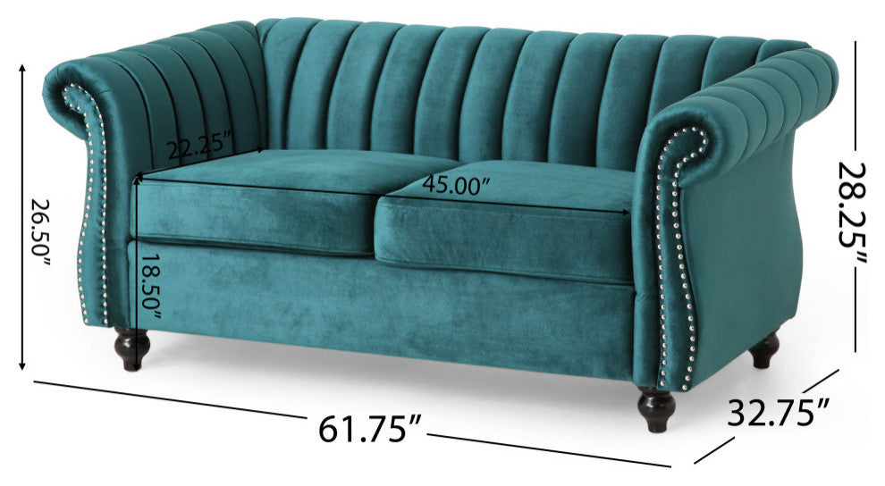 Bauman Modern Glam Channel Stitch Loveseat with Nailhead Trim, Teal + Dark Brown, Velvet