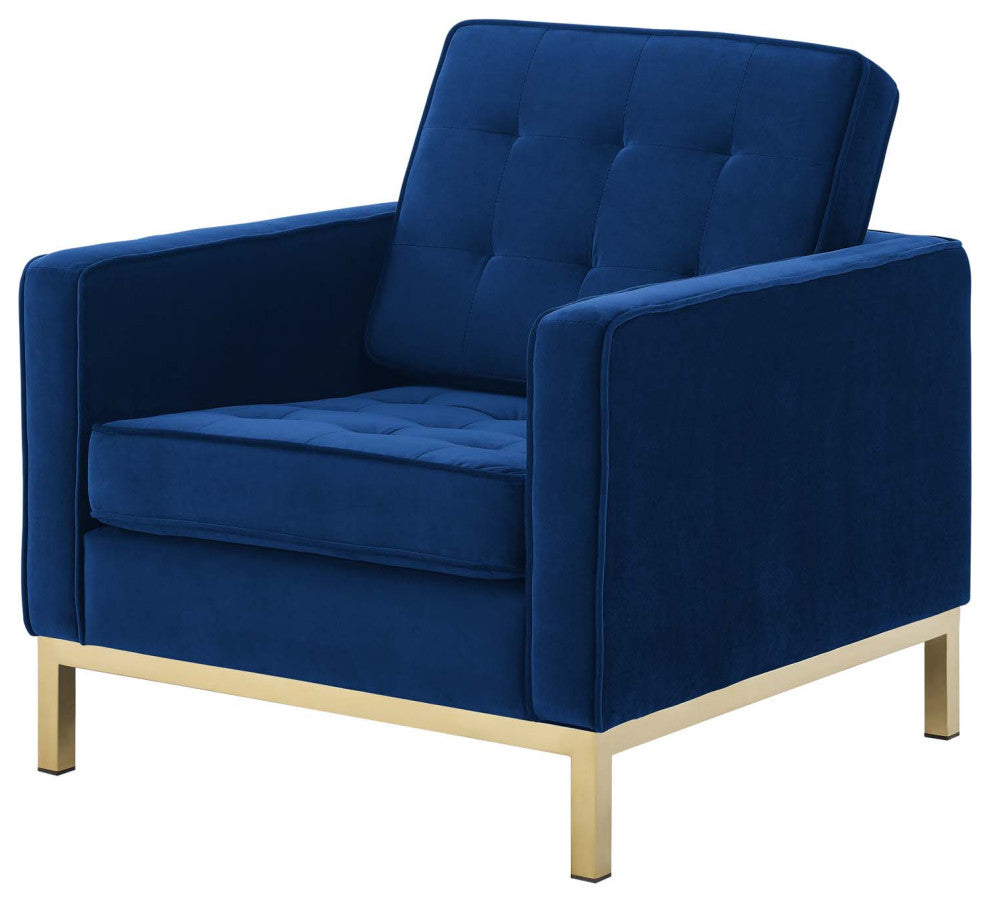 Armchair and Loveseat Sofa Set, Velvet, Gold Blue Navy, Modern, Lounge
