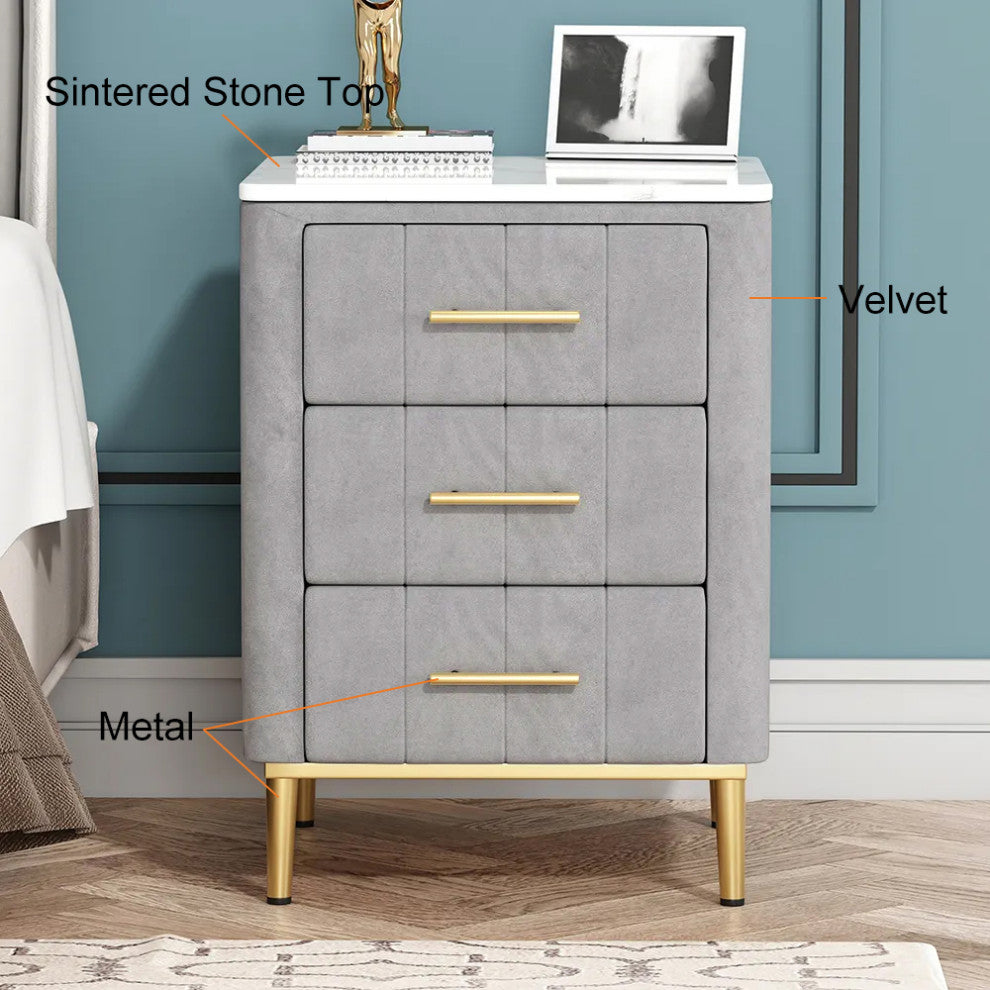 Modern Nightstand Gray Velvet Upholstered Bedside Table 3 Drawers With Stone Top