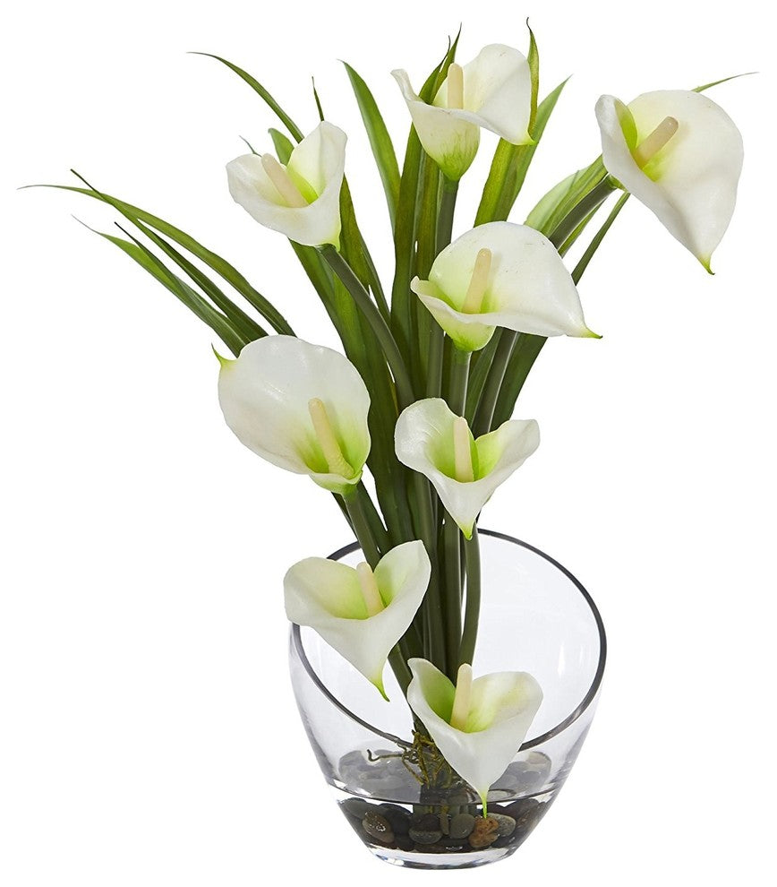 15.5" Calla Lily and Grass Artificial Arrangement, Vase, Cream