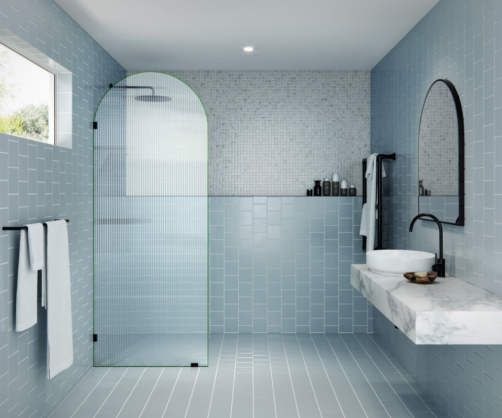 32"x86.75" Frameless Shower Door, Arched Fluted Single Fixed Panel, Oil Rubbed Bronze