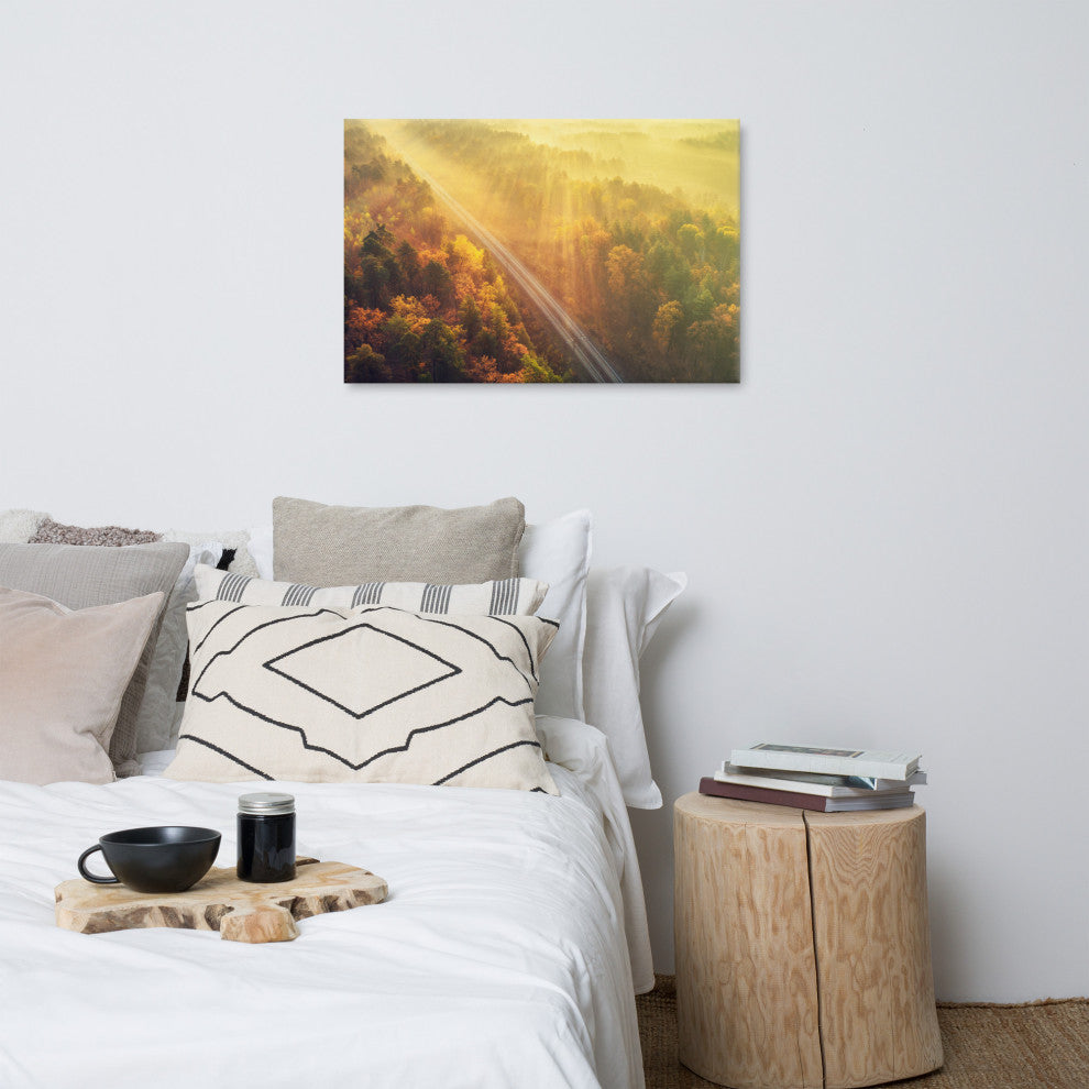 Sunrise Railroad Misty Forest Golden Haze Landscape Photo Canvas Art Print, 24" X 36"