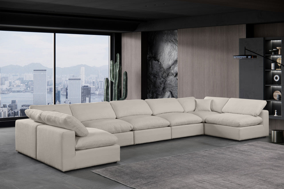 Comfy Upholstered U-Shaped Modular Sectional, Beige, 7-Piece: 5 Armless Chair, 2 Corner Chair, Linen Textured Fabric