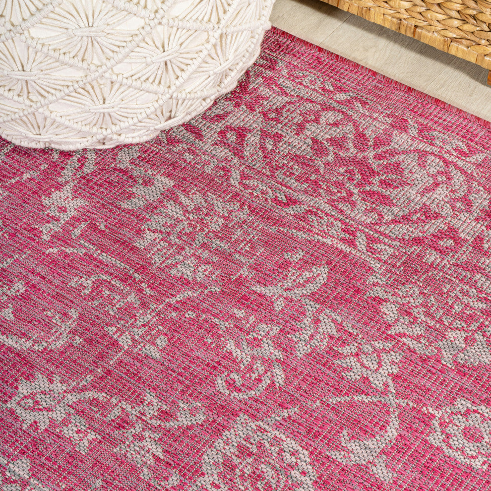 Tela Boho Textured Weave Floral Indoor/Outdoor Rug, Fuchsia/Light Gray, 2 X 8