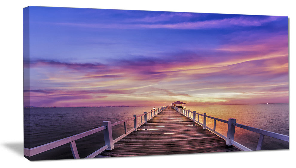 "Wooden Bridge Under Purple Sky" Sea Pier and Bridge Wall Art Canvas, 32"x16"