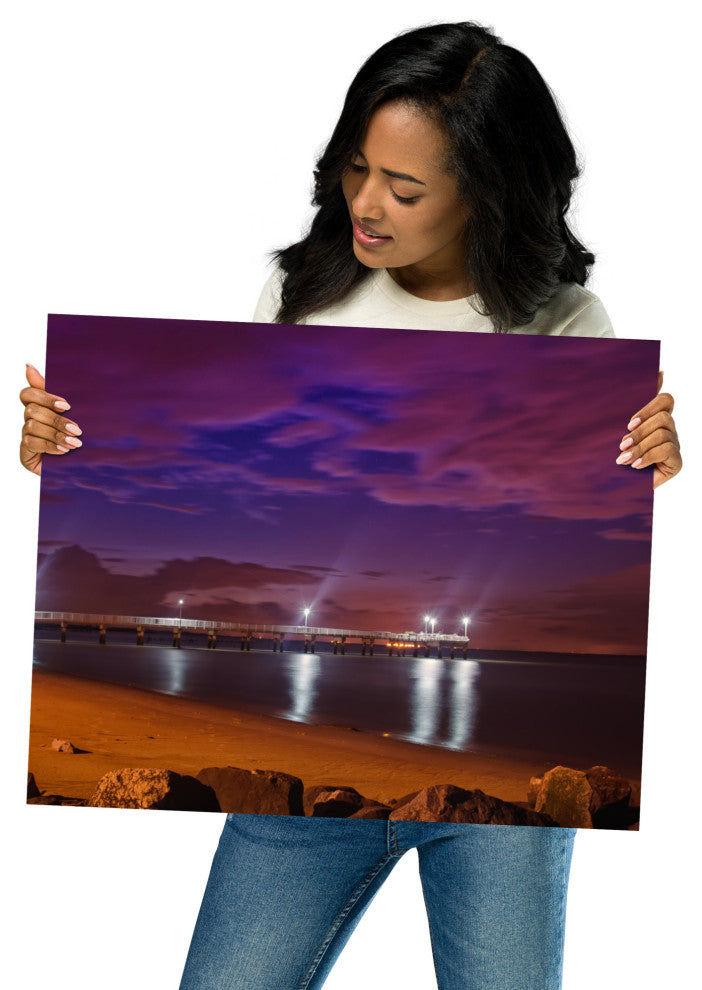 The Pier at Woodland Beach Night Coastal Photo Unframed Wall Art Print, 16" X 20"