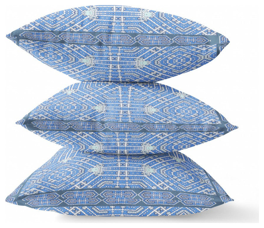 20 Blue White Geostar Indoor Outdoor Throw Pillow