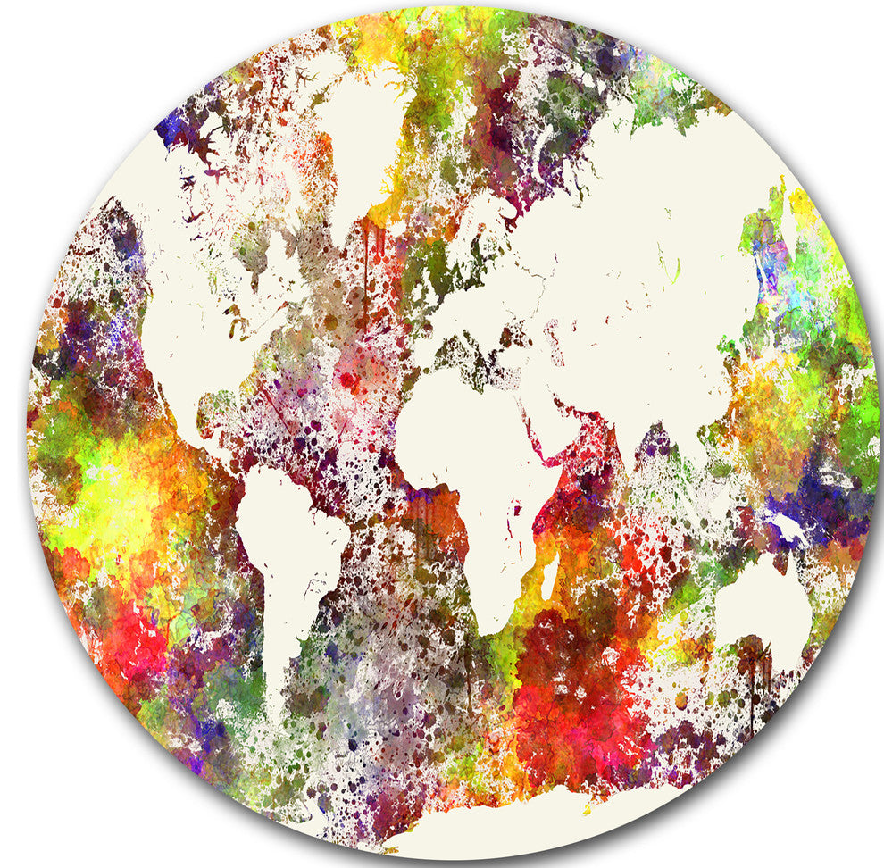 World Map In Great Colors, Watercolor Map Round Wall Art, 11"