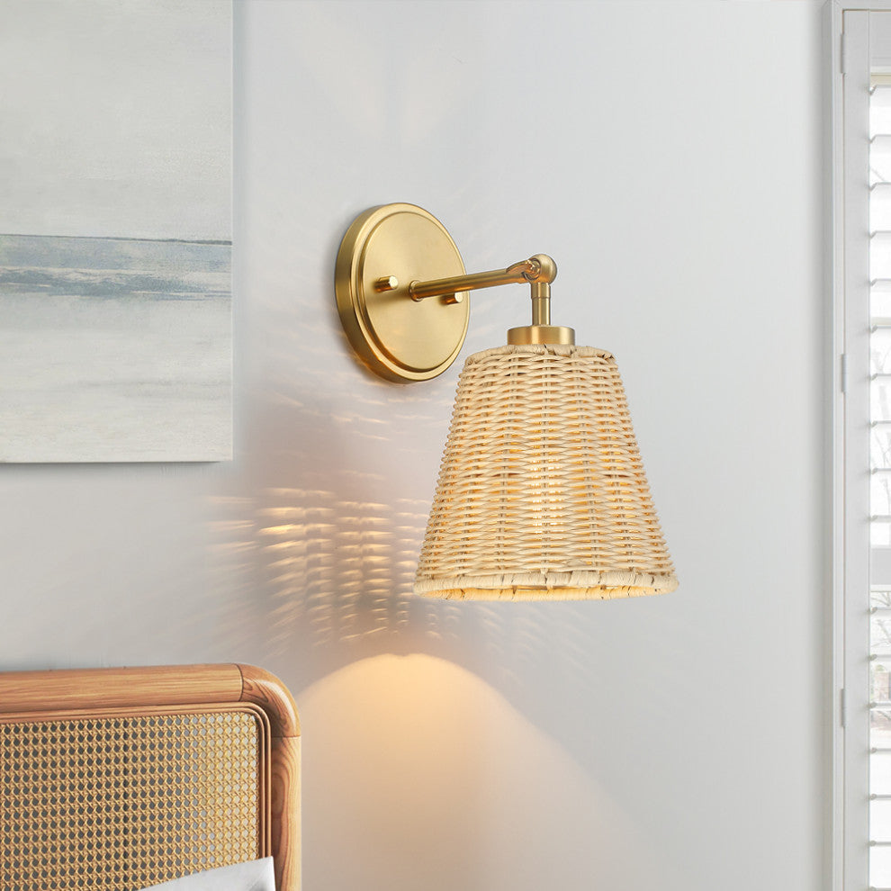 7" W 1-Light Natural Rattan Wall Sconce With Adjustable Swivel Swing Arm, Brass