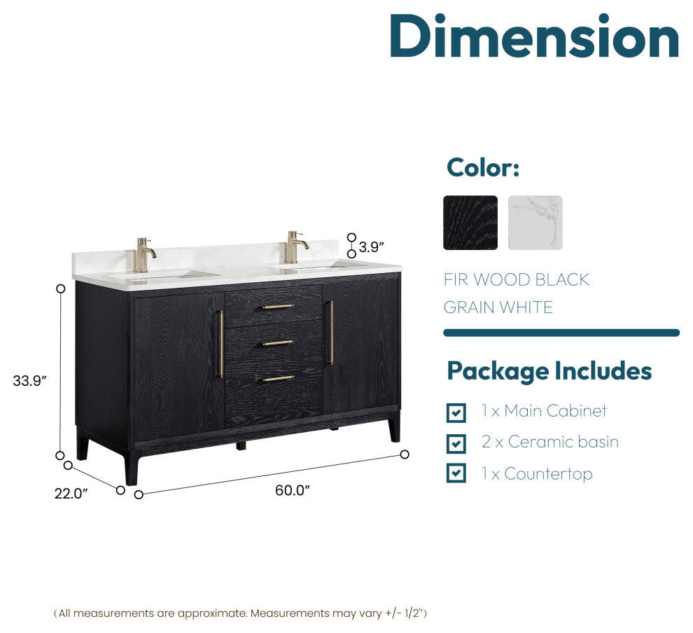 Gara Bath Vanity, Stone Top, Fir Wood Black, 60", Double Vanity, No Mirror