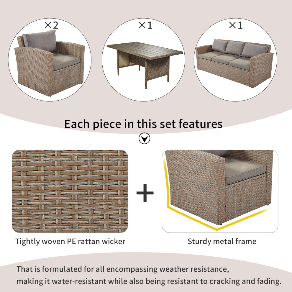4 Pieces Outdoor Rattan Patio Sectional Sofa Set With Cushions, Gray