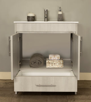 Pacific 30" Vanity With Integrated Ceramic Top and Brushed Nickel Handles, Weath