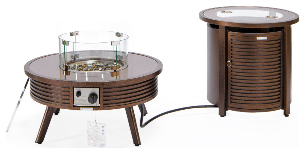 LeisureMod Walbrooke Round Fire Pit Table and Tank Holder With Slats, Brown