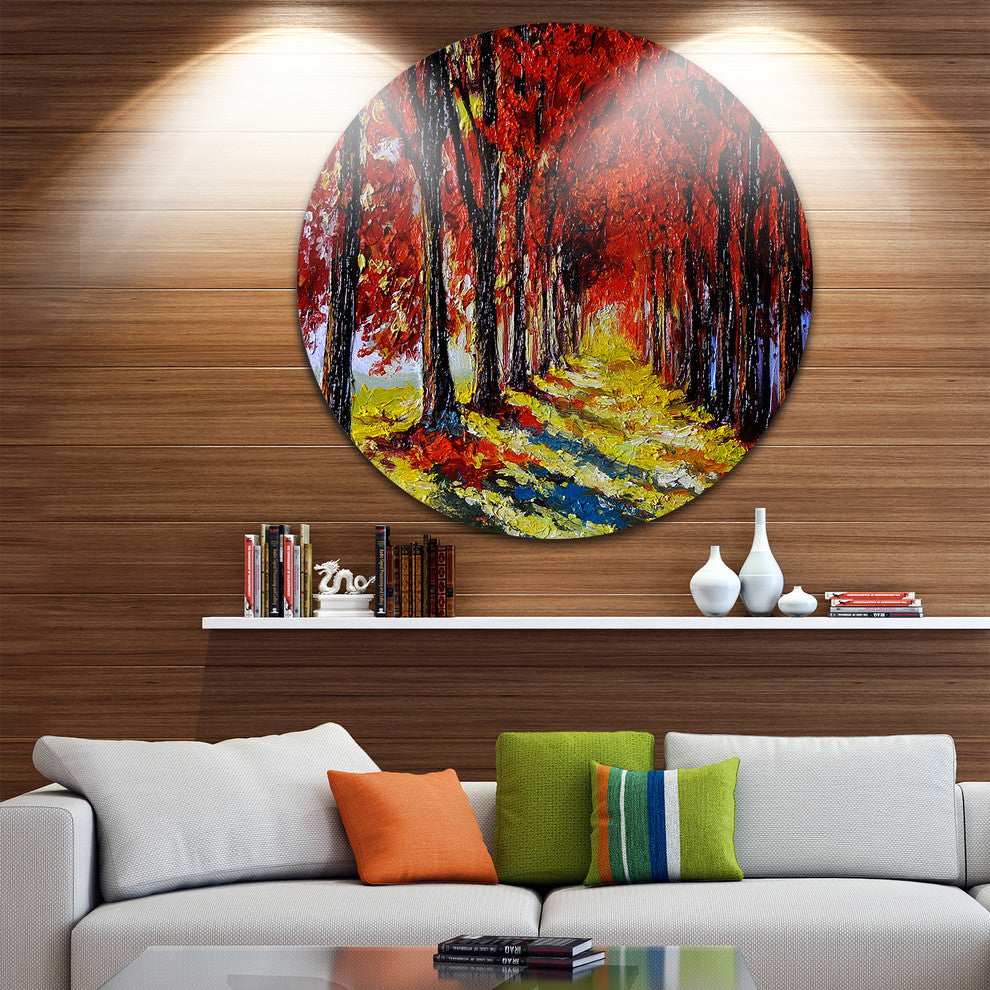 Autumn Forest With Red Leaves, Landscape Round Metal Wall Art, 11"