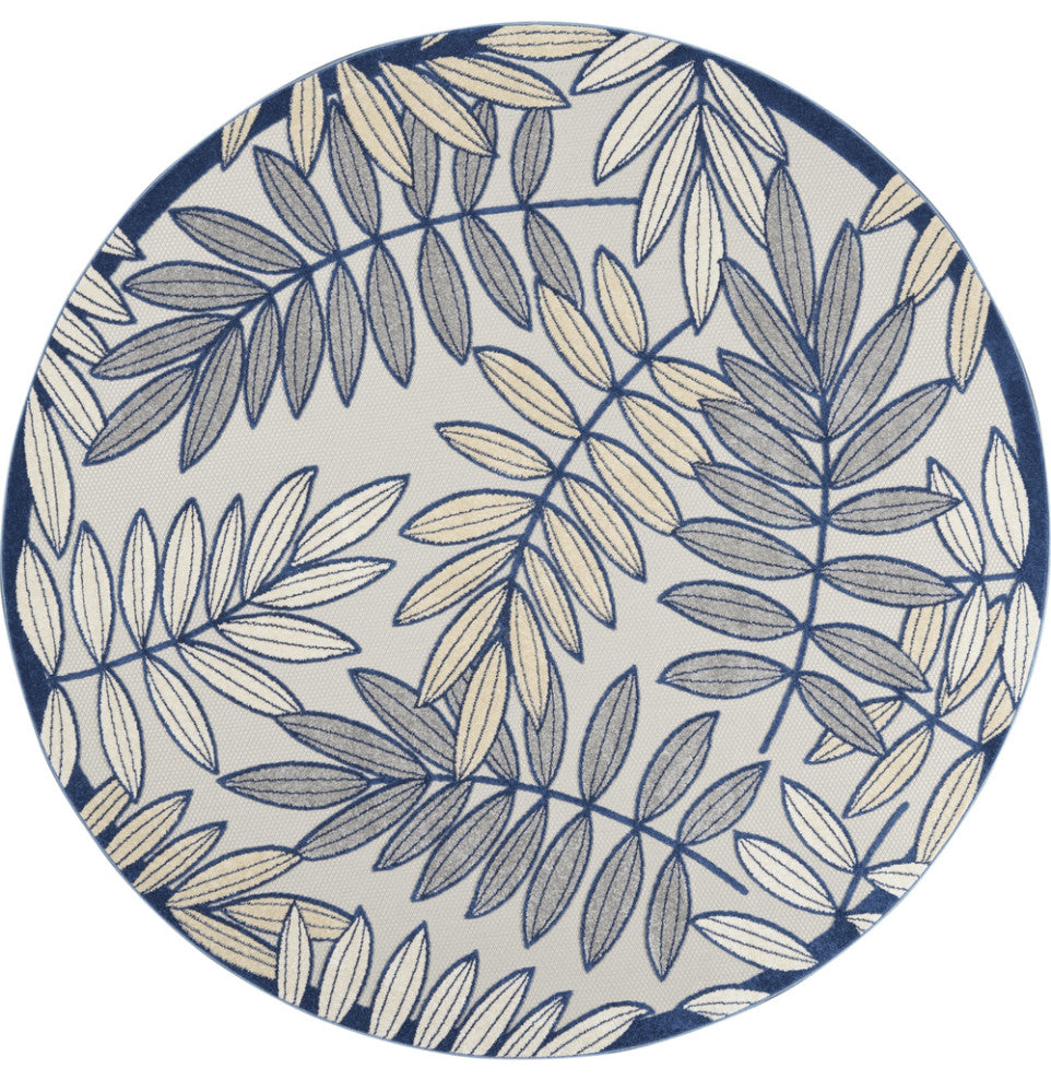 8' X 8' Ivory And Navy Round Floral Non Skid Indoor Outdoor Area Rug