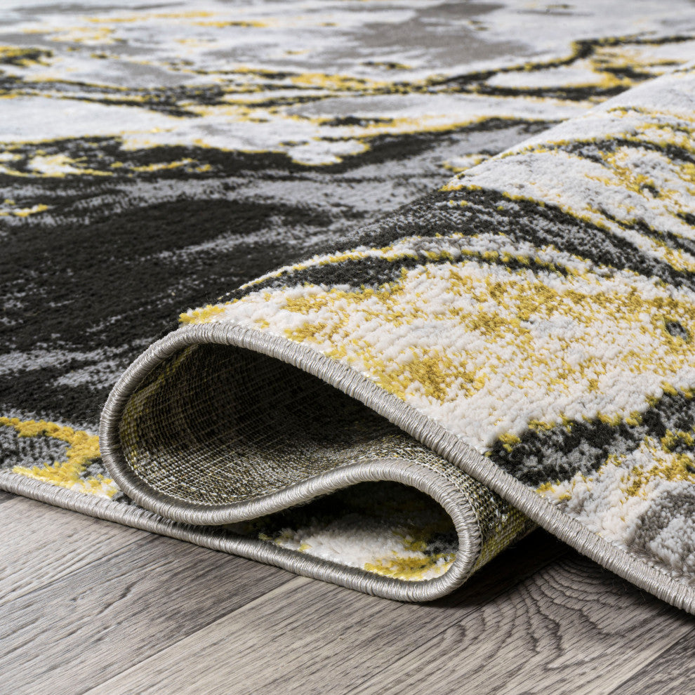 Swirl Marbled Abstract Area Rug, Black/Yellow, 2 X 8