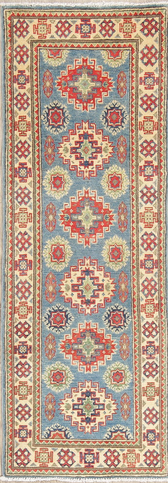 Traditional Kazak Hand-Knotted Pakistani Oriental Runner Rug, Blue, 5'7"X1'11"