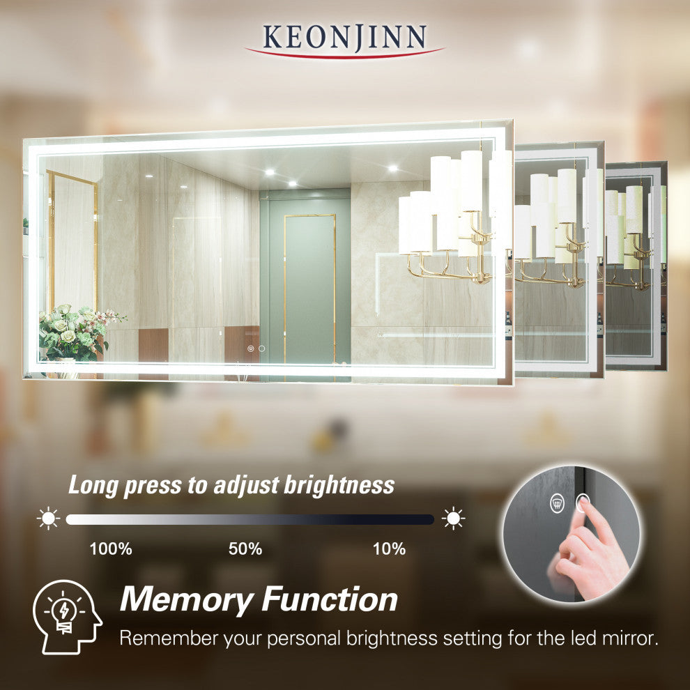 3-Colors LED Bathroom Mirror, Anti-Fog Memory Dimmable, Sliver, 72"x36"