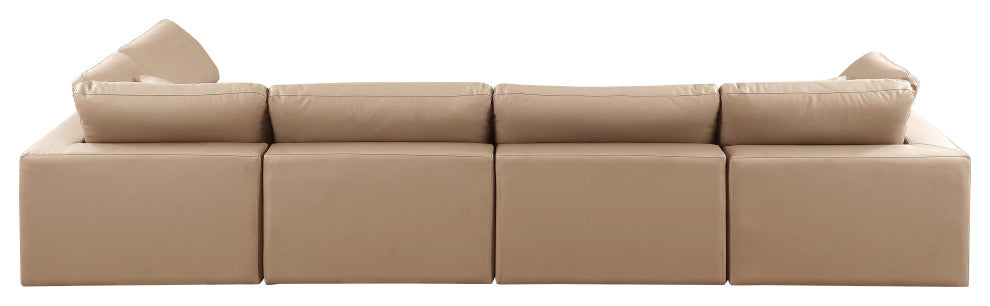 Comfy Upholstered L-Shaped Modular Sectional, Tan, 5-Piece: 3 Armless Chair, 2 Corner Chair, Vegan Leather