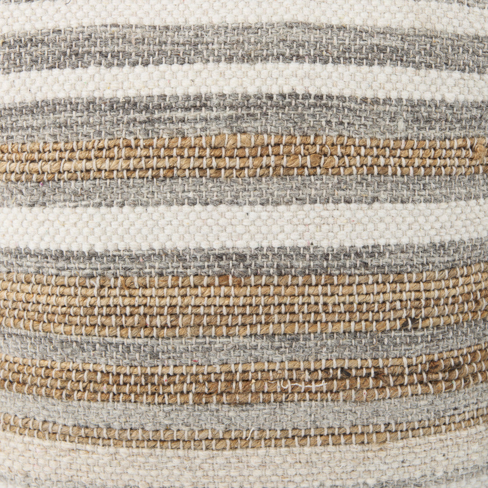 Aahana 16.0Lx16.0Wx16.0H White/Taupe/Gray Striped Hemp and Cotton Pouf