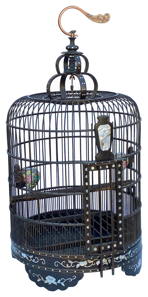 Chinese Tan Rosewood Mother of Pearl Inlay Round Collectable Birdcage Hcs7323