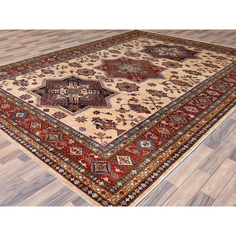 Cream Afghan Super Kazak Soft Wool Hand Knotted Oriental Rug, 8'10"x11'9"