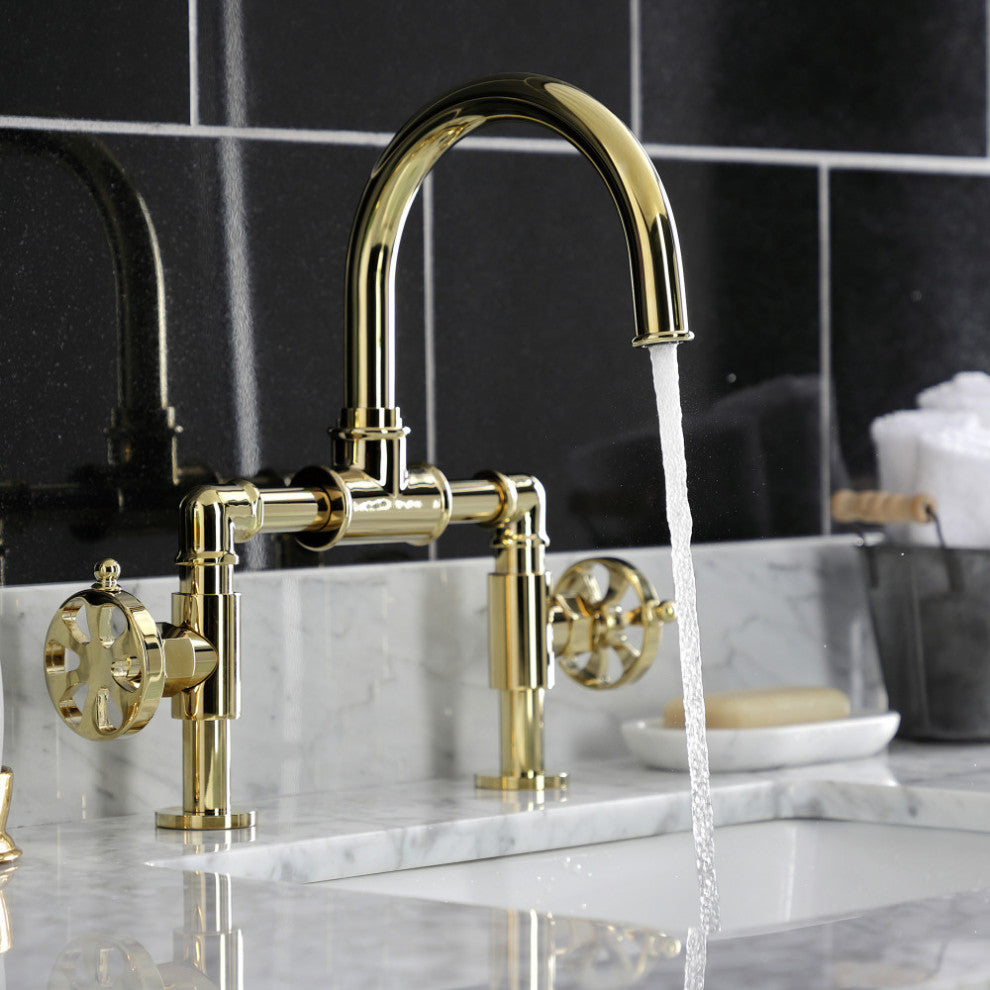 Belknap Style Wheel Handle Bridge Bathroom Faucet With Drain, Polished Brass