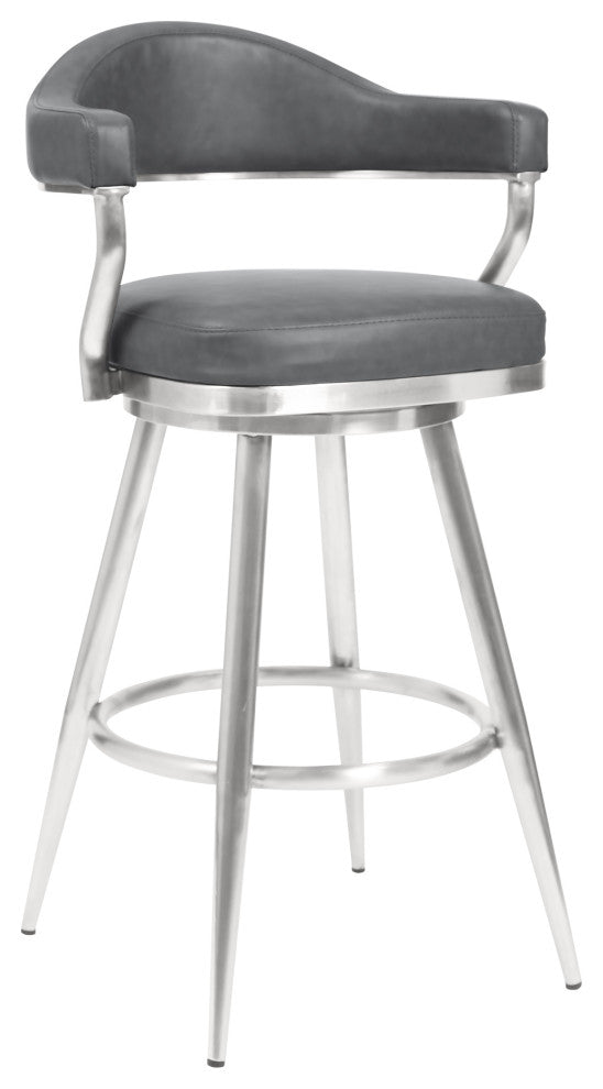 Amador Barstool, Brushed Stainless Steel and Vintage Gray Faux Leather, 26"