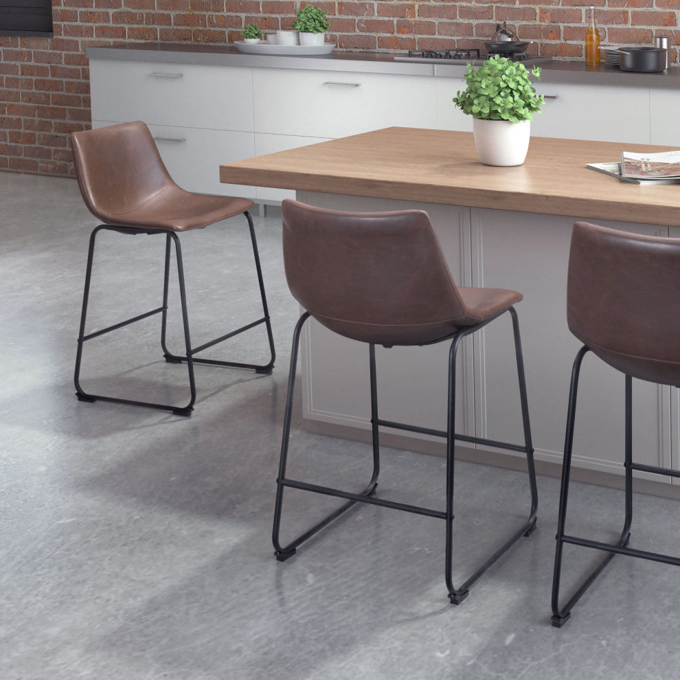 Counter Chair, Set of 2, Faux Vinyl Leather, Vintage Brown Black, Industrial