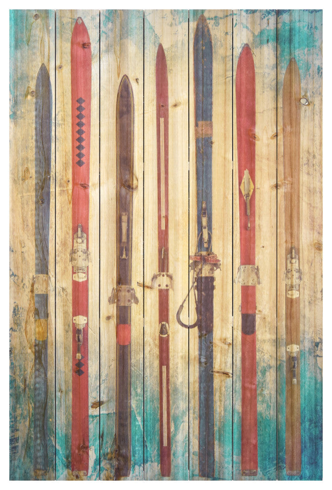 "Retro Skis" Colorful Wall Art Digital Print on Solid Wood, 36"x24"