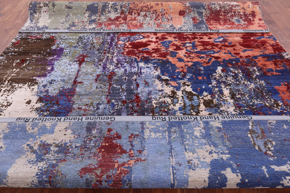 9' 0" X 11' 10" Modern Hand Knotted Wool and Silk Rug Q7234