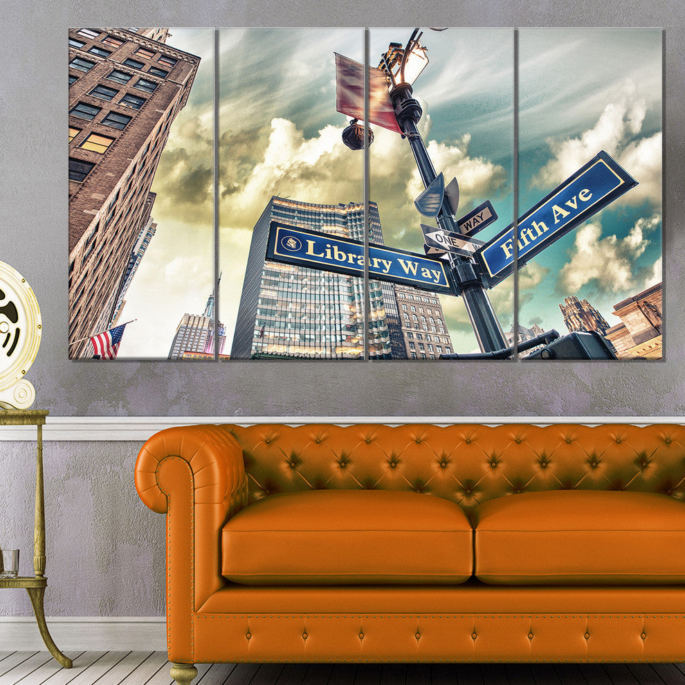 Library Way and 5th Avenue Street Signs, Cityscape Canvas Art, 48"x28", 4 Panels