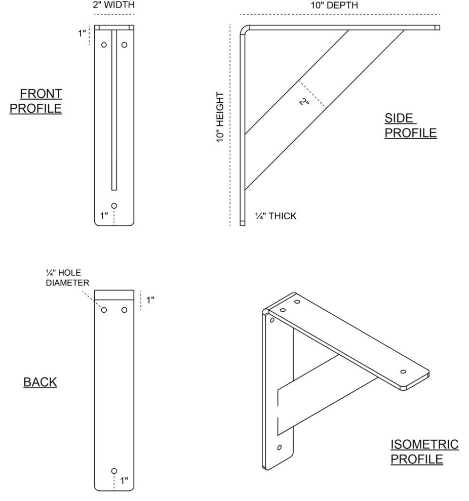 2"x10"x10" Traditional Bracket, Stainless Steel