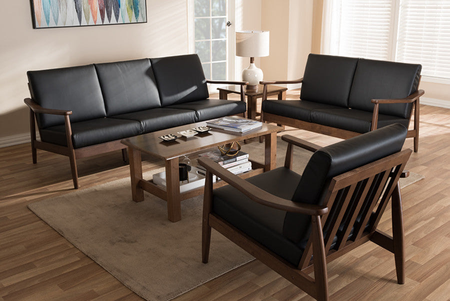 Venza Mid-Century Modern Walnut Wood Black Faux Leather 3-Piece Livingroom Set