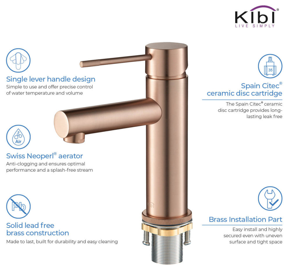 Circular X Brass Single Hole Bathroom Faucet KBF1010, Rose Gold, Without Drain