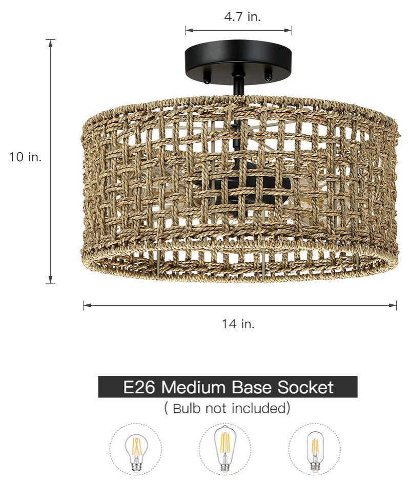 14" W 2-Light Rattan Drum Semi-Flush Mount Ceiling Light