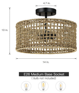 14"W 2-Light Rattan Drum Semi-Flush Mount Ceiling Light