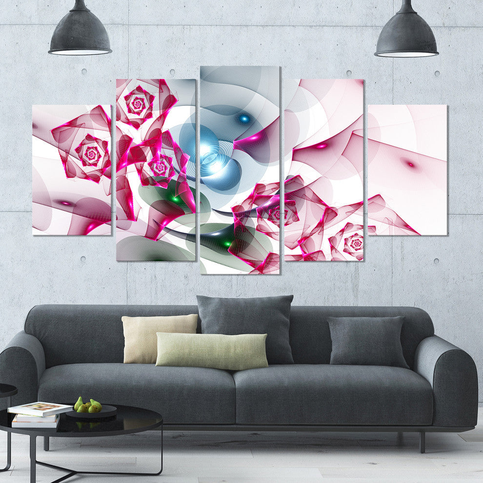 Pink Roses Fractal Design, Contemporary Canvas Art Print, 60"x32", 5 Panels