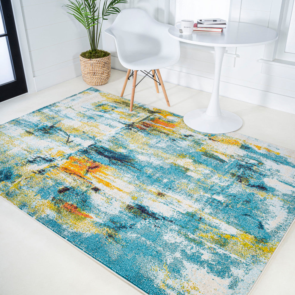 Contemporary POP Modern Abstract Area Rug, Blue/Cream, 4x6