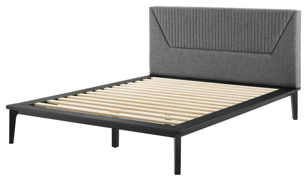 Platform Bed Frame, Queen Size, Black Gray, Wood, Modern, Mid Century