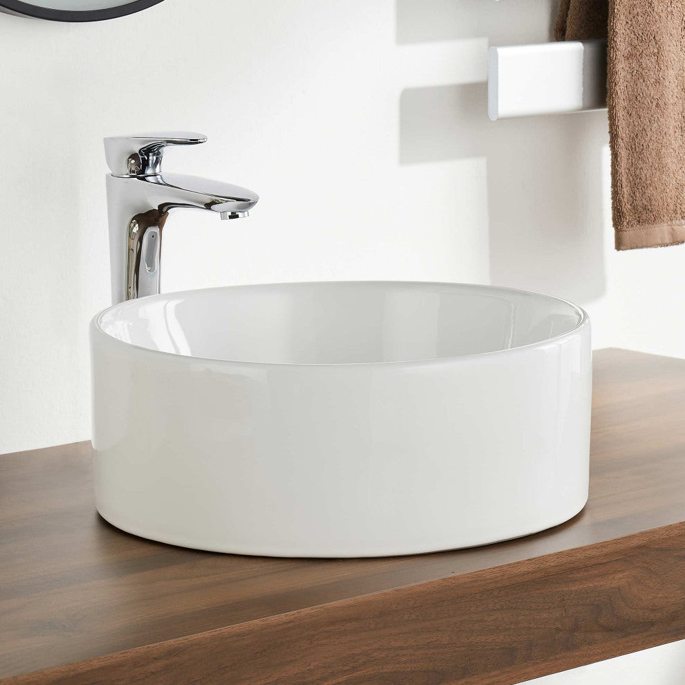 White Circular Bowl Bathroom Vessel Sink and Modern Above Counter Ceramic Sink